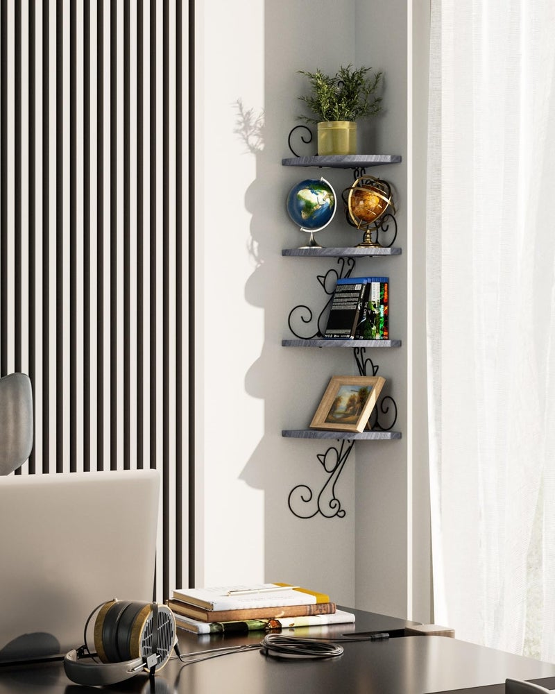 Alsonerbay Wall Mount Corner Shelves 4 Tier Floating Corner Storage Wood Shelves Decorative Rustic Radial Shelf in Cat Shape Weathered Grey - Image 2
